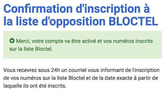 Confirmación de registro de Bloctel contra llamadas no deseadas