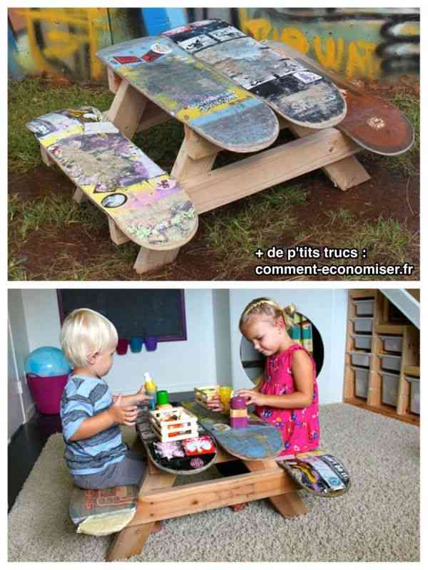 Patinetas recicladas en mesa de juegos para niños