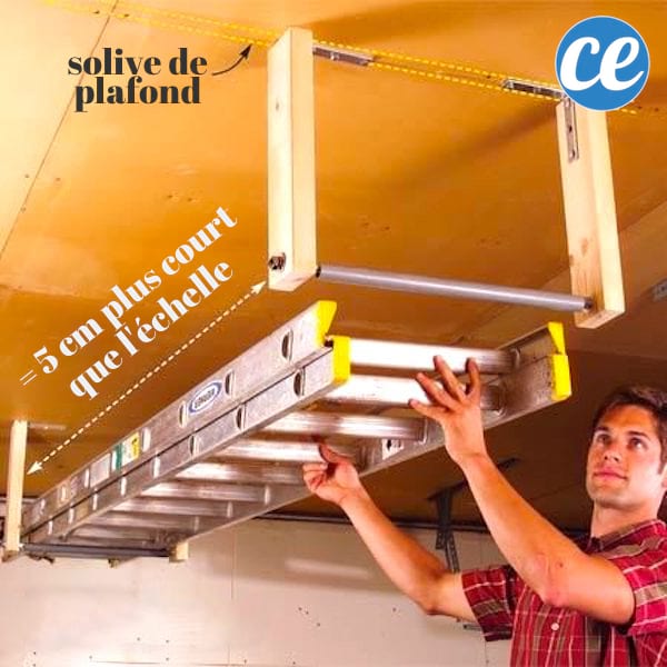 Coloque soportes en el techo para guardar la escalera y ahorrar espacio en su garaje.