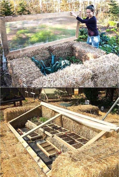 invernaderos de jardín hechos con fardos de paja