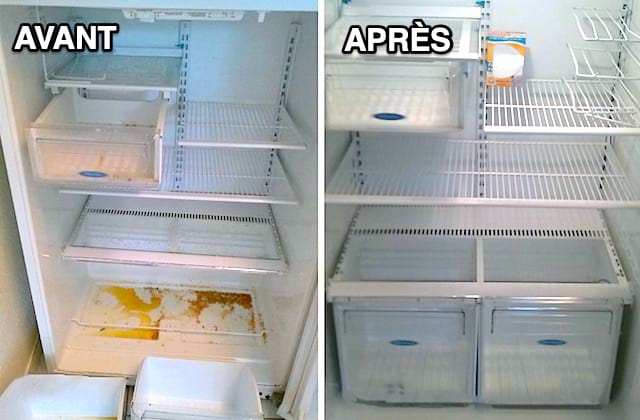 Un frigorífico sucio a la izquierda y muy limpio a la derecha gracias al vinagre blanco.