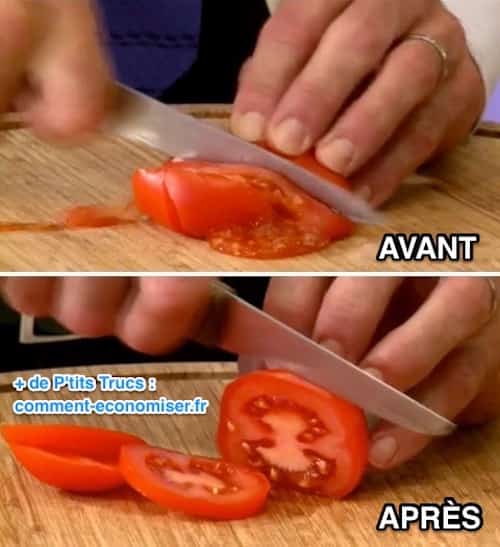Cortar un tomate con un cuchillo afilado.