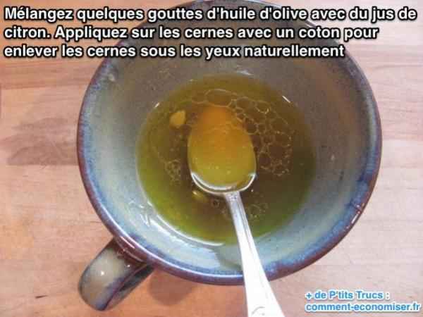 Remedio eficaz para eliminar las ojeras con aceite de oliva y zumo de limón.