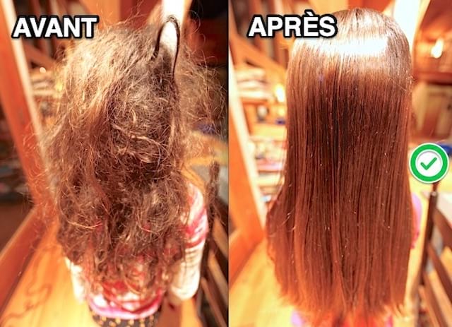Noia amb els cabells enredats abans i desembolicats després gràcies al desenredant casolà