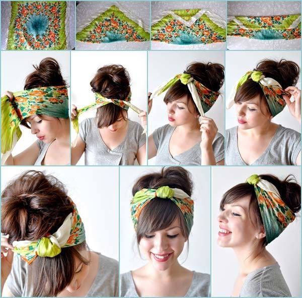 Una dona mostra com posar-se una bufanda als cabells en 11 fotos