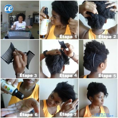 Tutorial de 9 fotos fetes per una jove negra per fer un tall de plàtan asimètric sobre els cabells arrissats i encrespats