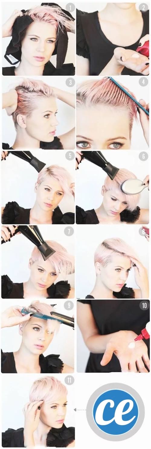Tutorial de 11 fotos que muestran a una joven de pelo corto rosa peinándose el flequillo