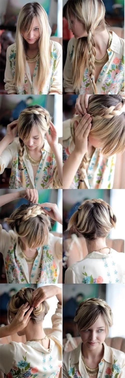 Una joven rubia hace un tutorial para hacer una corona de cabello trenzado en la parte superior de la cabeza
