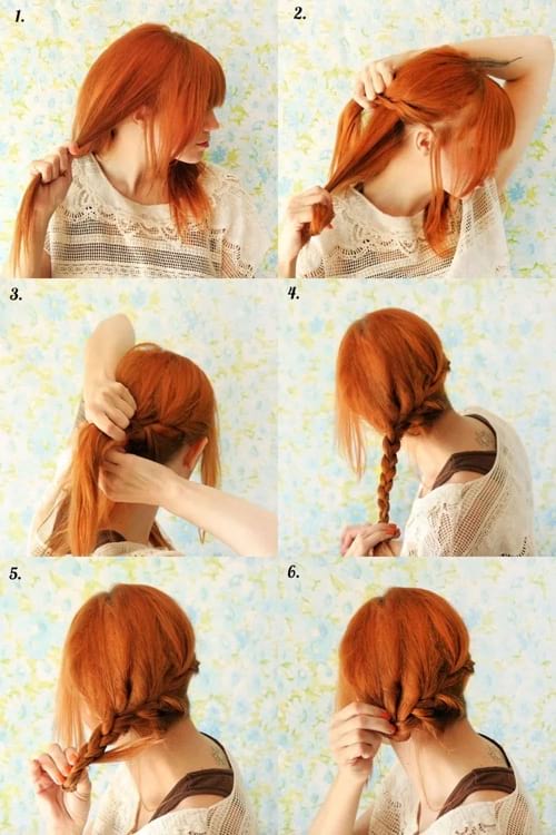 Una joven pelirroja muestra cómo hacer una corona de cabello trenzada en la nuca en 6 fotos