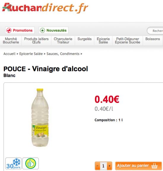 AuchanDirect.fr-এ সাদা ভিনেগারের দাম 40 ইউরো সেন্ট