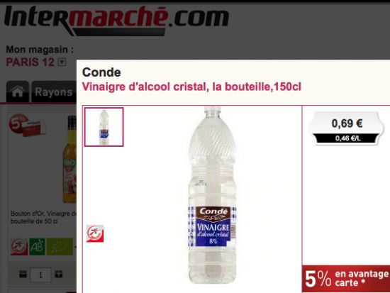 0,69 euros la botella de vinagre blanco en Intermarché