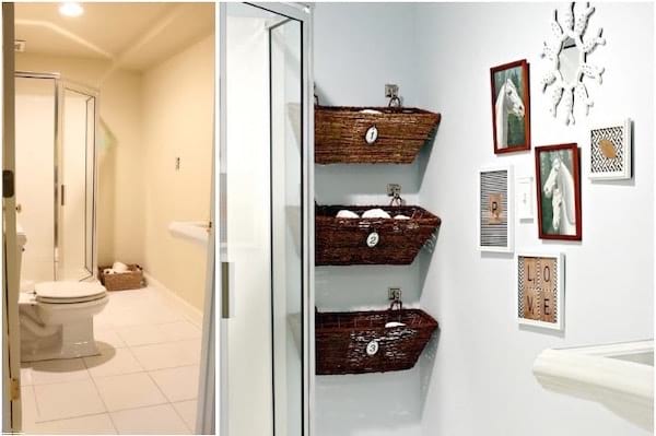 en camoufleret kontakt med billeder til at dekorere et badeværelse