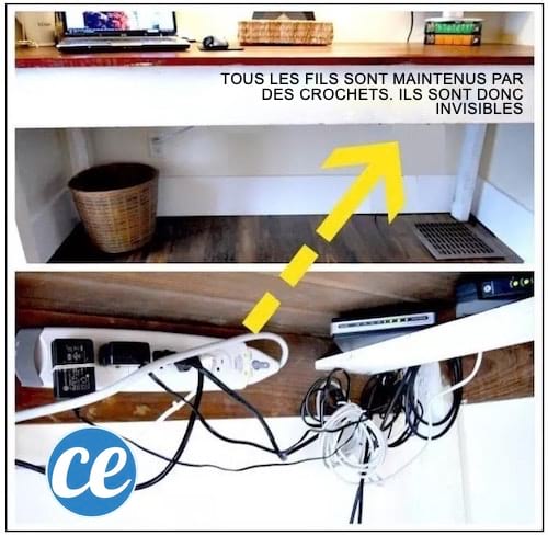 Los cables para computadoras y dispositivos están ocultos debajo del escritorio con ganchos