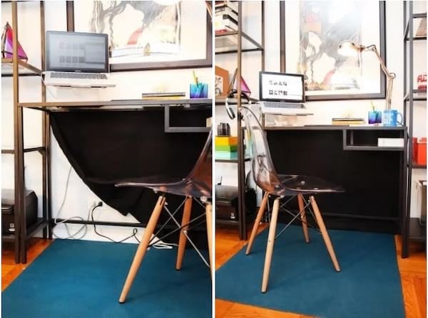 En enkel presenning som henger under skrivebordet skjuler ledningene til enhetene