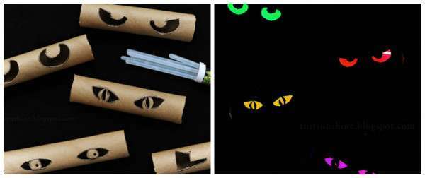 Lõigatud papirullid panevad LED-id sisse, et silmad pimedas helendavad