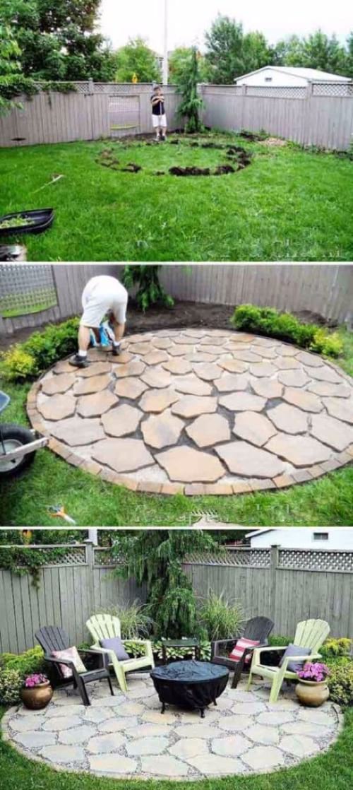 Một sân thượng bằng đá tròn được làm trong vườn