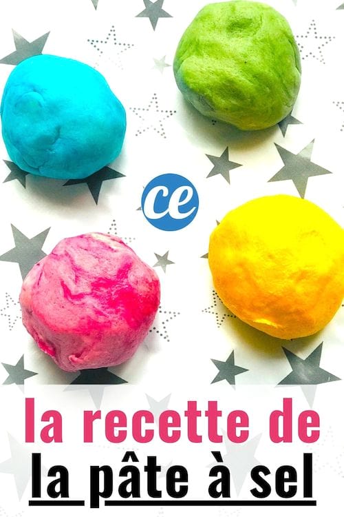 Bolas de masa de sal azul, verde, rosa y amarilla con un texto: la receta de masa de sal