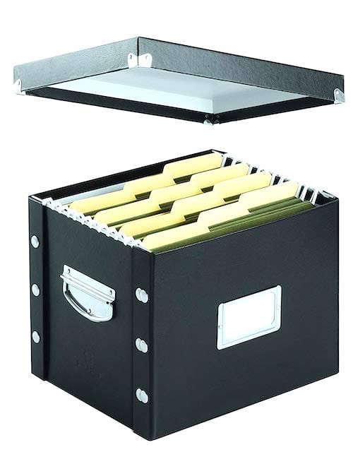 Caja de almacenamiento negra para archivadores colgantes, con tapa.