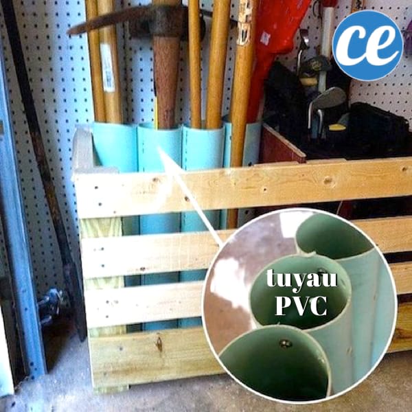 Utilice tubos de PVC para almacenar sus herramientas con asas y ahorre espacio en su garaje.