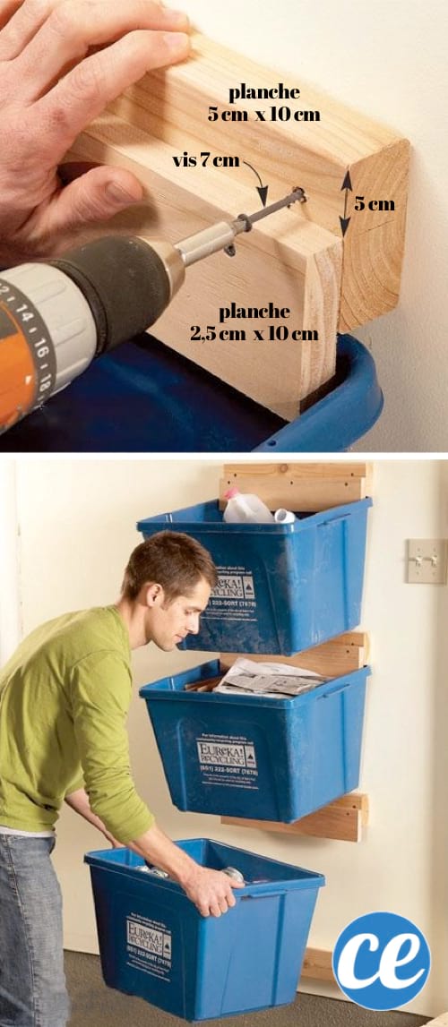 Utilitzeu trossos de fusta per penjar els contenidors de reciclatge i estalvieu espai al garatge.