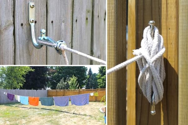Un tendedero tendido entre 2 vallas en un jardín para secar la ropa.