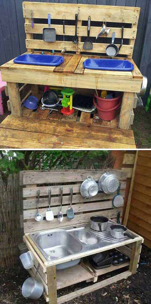 بچوں کے لئے pallets کے ساتھ بنا ایک بیرونی باورچی خانے