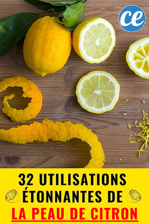 Un limón entero y una cáscara de limón sobre una tabla de madera con un texto: 32 usos de la cáscara de limón