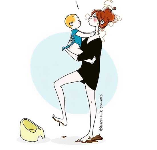 dibujo que muestra a una madre caminando en la caca que hizo su bebé junto al orinal