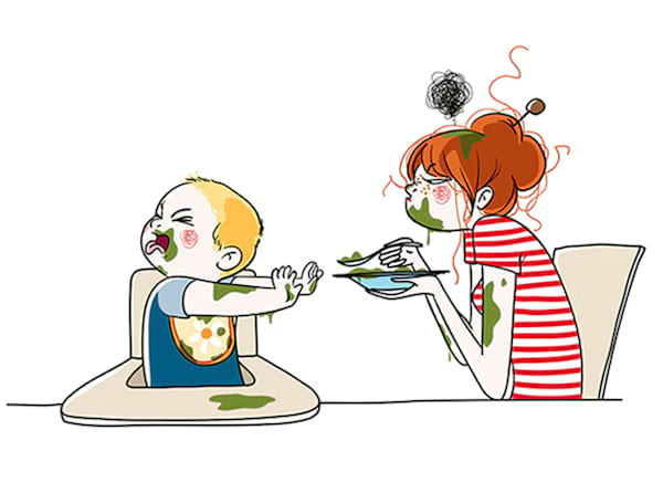 dibujo que muestra a una madre alimentando a su bebé que no quiere comer