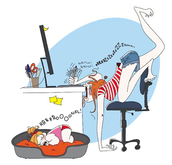 caricatura que muestra a la madre agotada tratando de trabajar