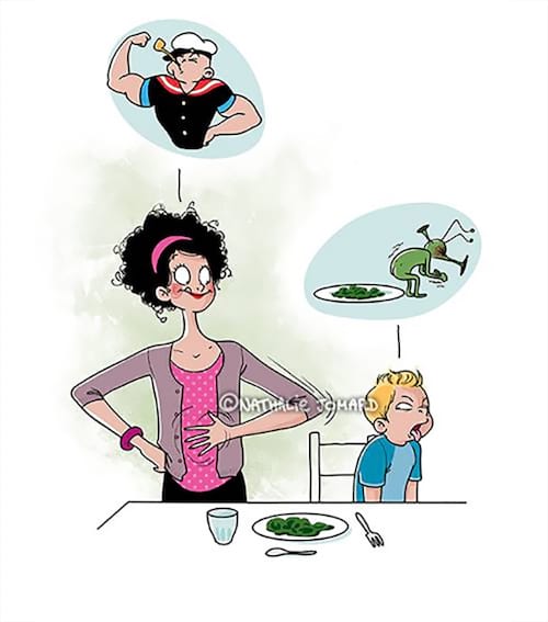 caricatura que muestra a una madre tratando de alimentar a su hijo
