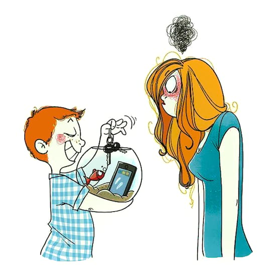 Dibujo que muestra a un niño poniendo el teléfono celular y las llaves de su madre en la pecera