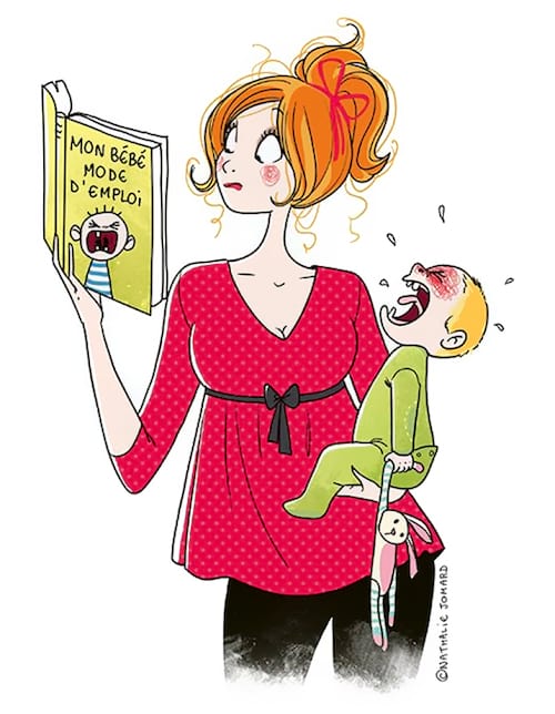 dibujo que muestra a una madre leyendo un libro de guardería mientras su bebé llora
