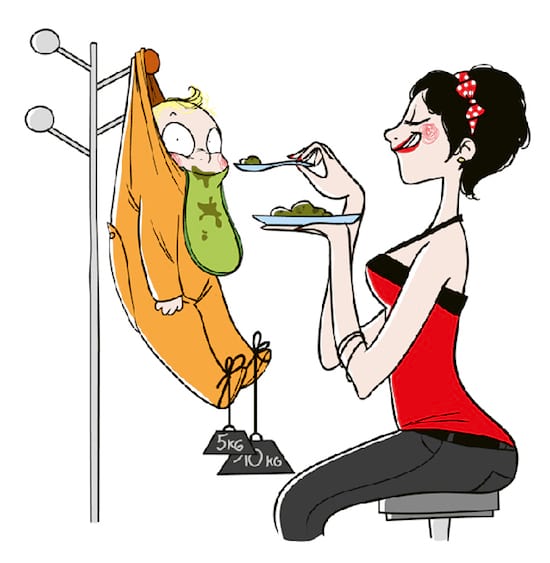 dibujo que ilustra a una madre dando comida a su hijo colgado en el perchero