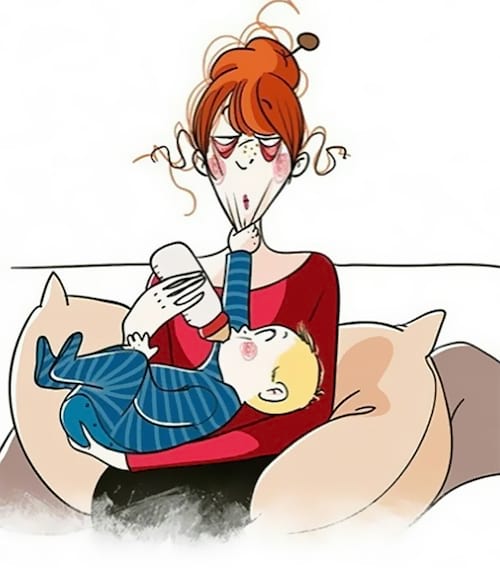dibujo que muestra a un bebé agarrando el cuello de su madre
