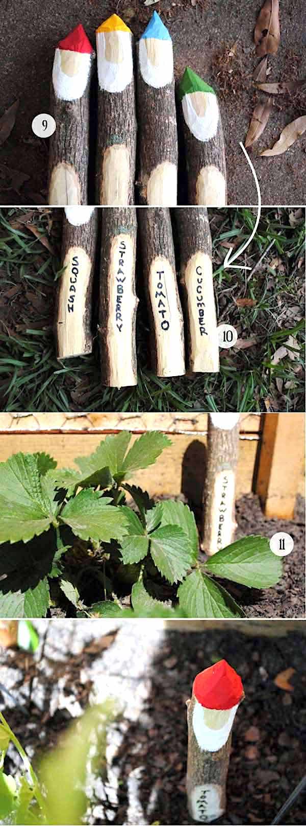 Estacas de madera reciclada como marcadores de plantas.