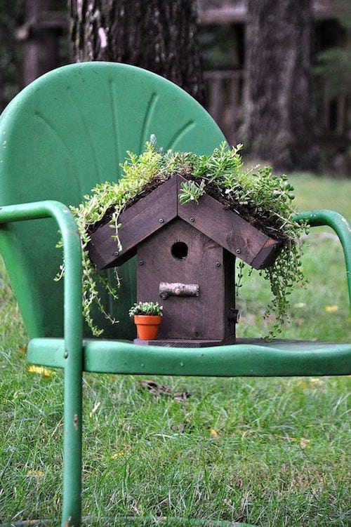 Una casa de pájaros acostada en una silla.