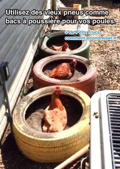 मुर्गियों के लिए कूड़ेदान के रूप में पुराने टायरों का पुन: उपयोग करें