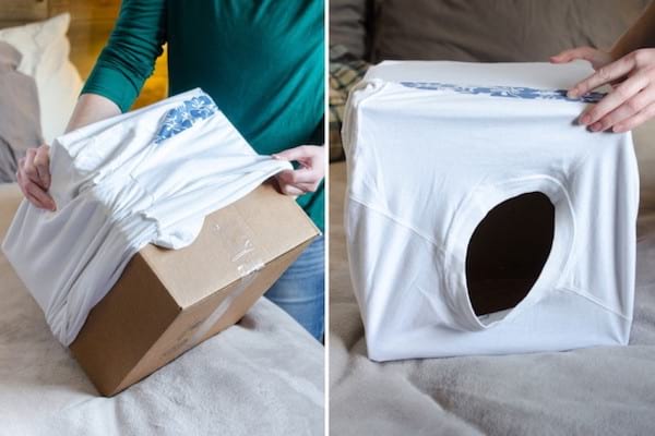 fer una casa de gats amb una caixa de cartró i una samarreta