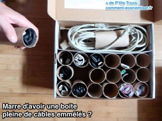 Ingenioso almacenamiento de cables con tubos de papel higiénico