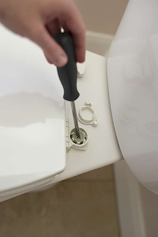 desenroscar los tornillos del asiento del inodoro para lavarlo bien