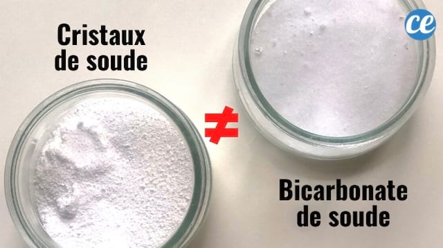 Polvo de cristal de soda a la izquierda y polvo de bicarbonato de sodio blanco a la derecha