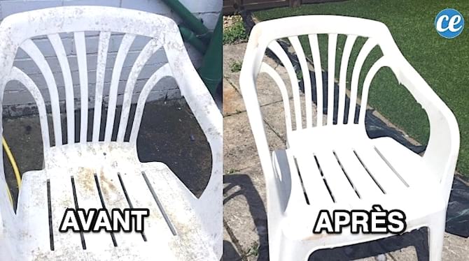 En hvid plastikstol tilbage og en ren stol efter rengøring