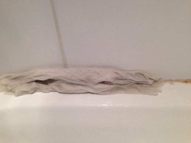 Coloque la toalla de papel con lejía en la junta de las baldosas.