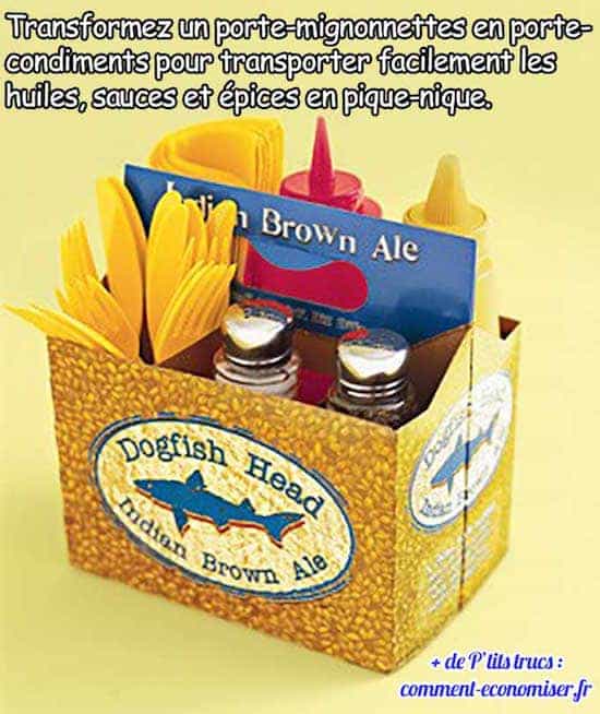 Transporte os condimentos em embalagens de cerveja.