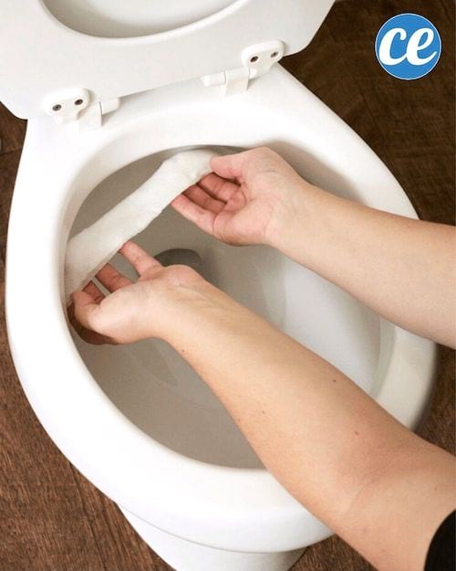 टॉयलेट के रिम के नीचे कागज़ के तौलिये को हाथ लगाते हुए।