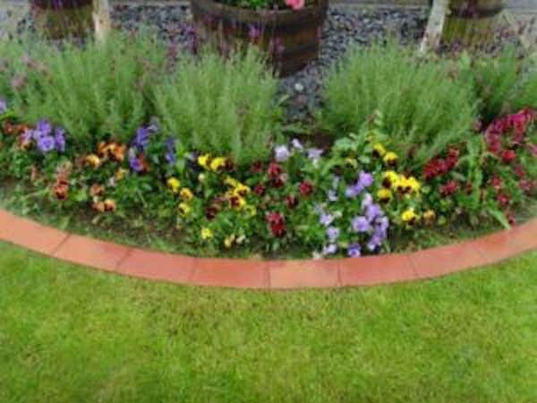 Una idea fácil y económica para hacer un borde de jardín es usar terracota.