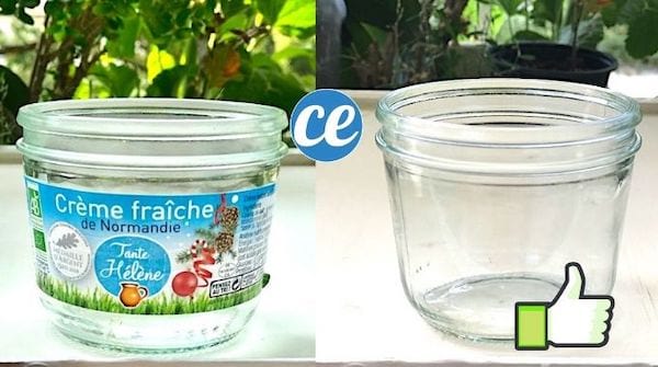 retireu una etiqueta d'un pot de vidre abans i després