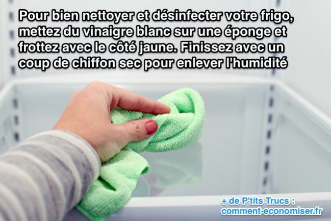 Para limpiar y desinfectar adecuadamente tu frigorífico, pon vinagre blanco en una esponja y frota con el lado amarillo.