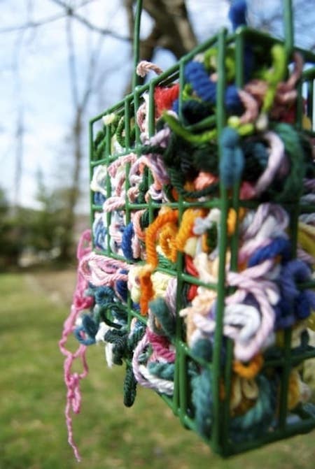 Idea barata y fácil para el diseño de jardines: ponga trozos de hilo de lana en comederos para pájaros para hacer nidos.